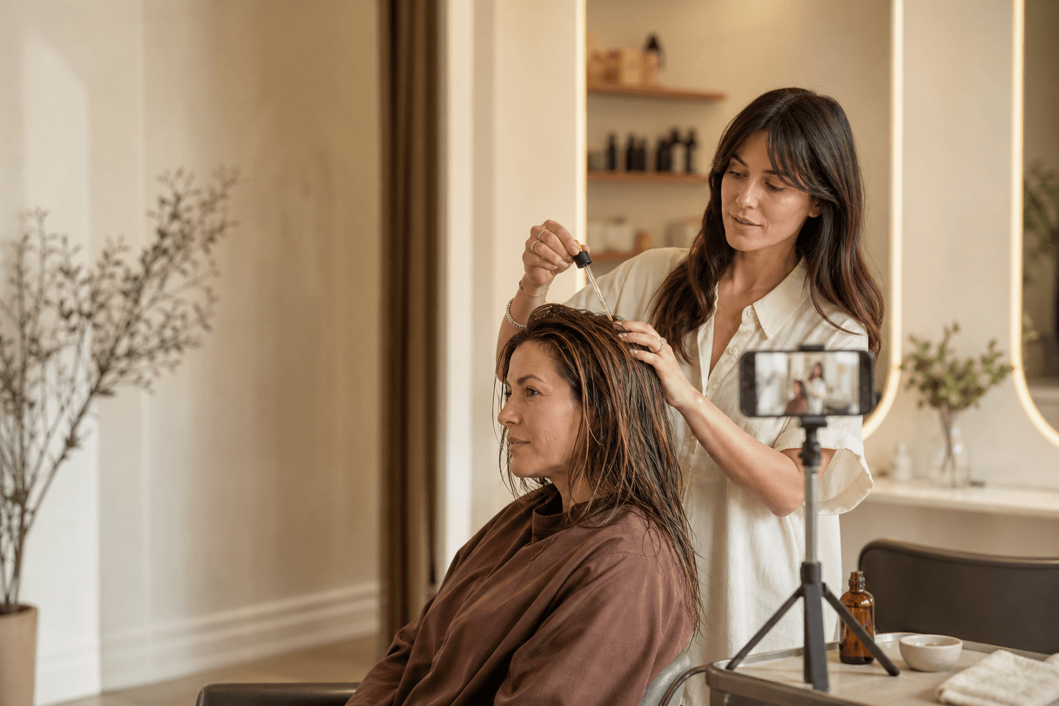 A beauty professional creating a salon treatment while filming the process